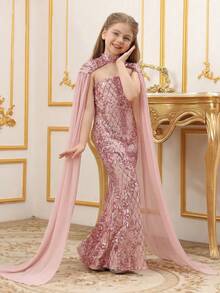 Tween Girl's Sequins Patchwork Cape Sleeve Fish Tail Dress Formal Suit - Dusty Pink - View 1