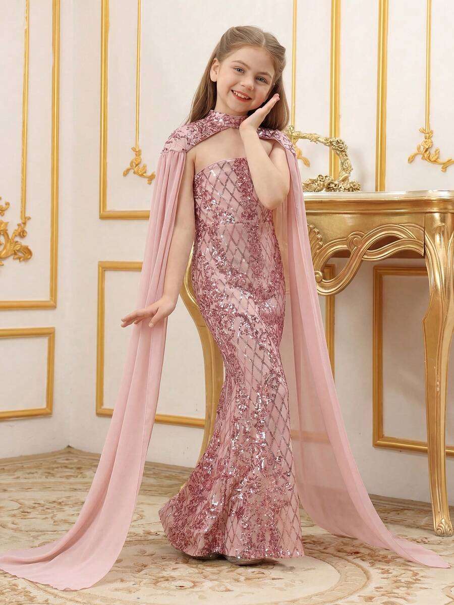 Tween Girl's Sequins Patchwork Cape Sleeve Fish Tail Dress Formal Suit - Dusty Pink - View 1