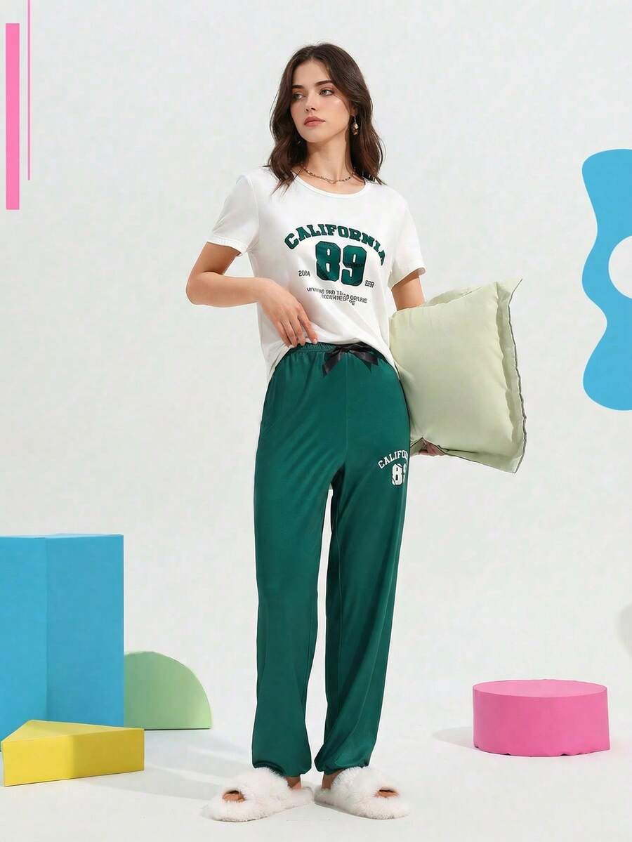 2pcs/Set Casual Letter Print Short Sleeve Top & Patterned Long Pants, Machine Washable - Multicolor - View 1