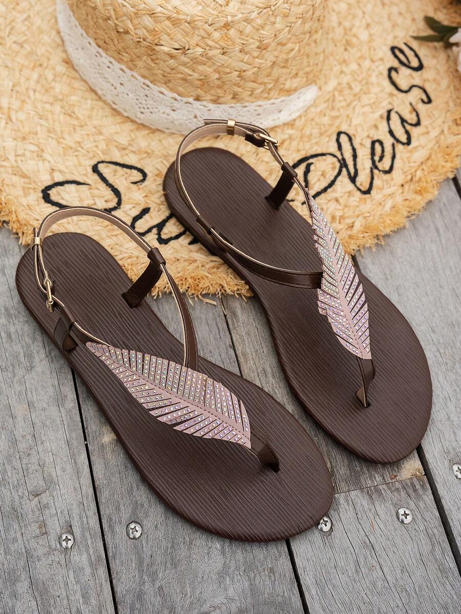 Livesso Leaf Rhinestone Decor Thong Design Women Flat Sandals, Fashion, Elegant, Comfortable, Versatile, Suitable For Walking, Home