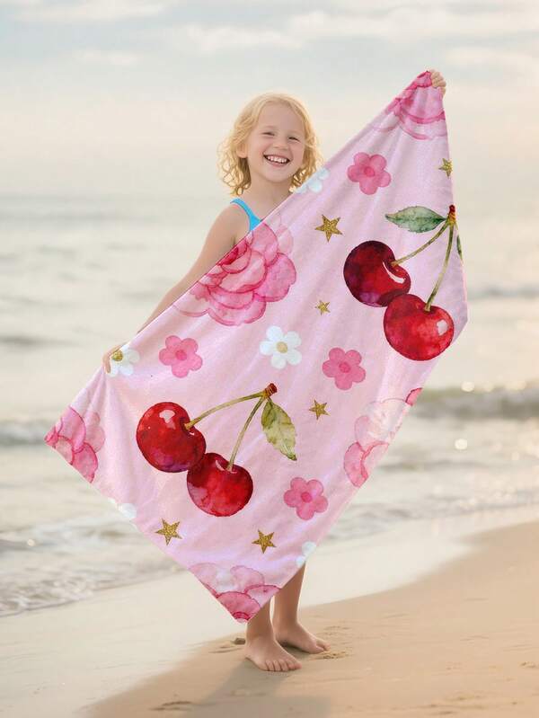 1pc Fruit Cherry Kids Beach Towel, Super Soft Microfiber Extra Large Beach Blanket, Super Absorbent Bath Towel, Suitable For Travel, Swimming Pool, Diving, Surfing, Yoga, Camping, Available In Multiple Sizes, Beach Accessories For Beach, Pool, Travel, Camping, Yoga