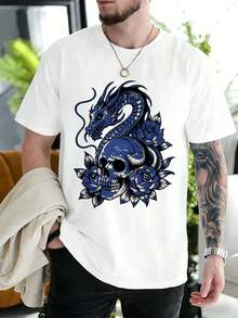 Blue Rose Skull Graphic Tee, Premium Cotton, Relaxed Fit, Street Hip Hop, Eye-Catching Print, New Release - White - View 1