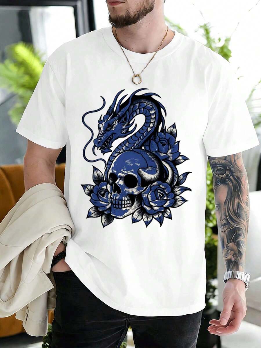 Blue Rose Skull Graphic Tee, Premium Cotton, Relaxed Fit, Street Hip Hop, Eye-Catching Print, New Release - White - View 1