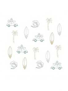 夏季冲浪主题墙贴 | 海浪、冲浪板、海滩小屋房间装饰贴纸、棕榈树和太阳墙贴，适用于儿童房，可移除乙烯基自粘贴纸，哑光表面 - 彩色 - 查看 3