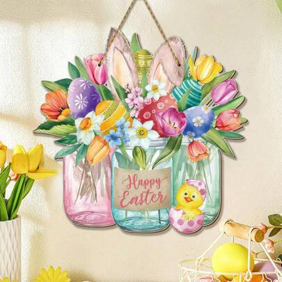 1 st Glad påsk dörrskylt dörrdekorationer, påskhare påskägg med påskkorg dörrskylt, rustika runda trä påsk dörrhängare skyltar för vägg dörr hem inomhus utomhus vår dekorationsmaterial