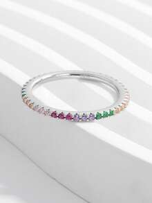 Vaerine 1枚经典复古简约精致单层全圆镶嵌925银立方氧化锆戒指，女士生活方式、社交、约会、派对、优雅礼物 - 彩色 - 查看 15