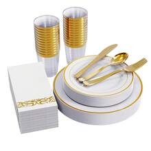 175 Count Gold Dinnerware Set For 25 Guests - Gold Rimmed White Disposable Plastic Plates Heavy Duty, Includes 25 Dinner & Salad Plates, Cups, Cutlery Set For Wedding Parties - Gold - View 5
