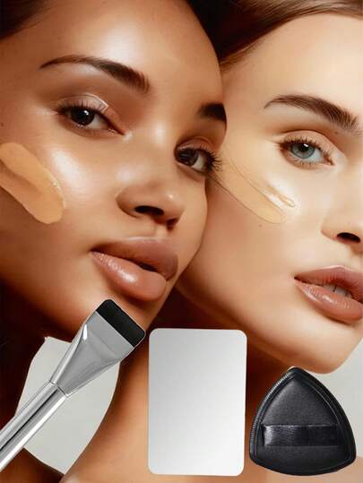 3件套平头粉底刷+美妆蛋+调色盘+超薄面膜刷+不掉毛斜角刷+轻便平头粉底遮瑕刷。适合日常妆容和通勤使用。新手友好。便携式商务旅行化妆套装。上妆均匀不卡粉。