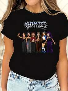 Homies Sie T-Shirt - Fun Cartoon Design - Stylish Tee For Women - Ideal Gift For Besties Round Neck Printed Short Sleeve Casual Everyday T-Shirt, They Are Excellent Gifts For Friends And Family,100% Cotton T-Shirts Feature, A Youthful And Fashionable Design - 黑色 - 查看 1
