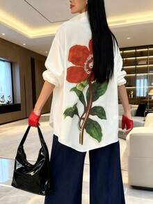 女士宽松休闲印花梭织衬衫，带纽扣，适合秋冬季穿着 - 彩色 - 查看 2