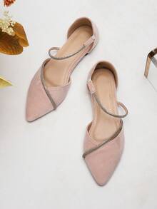 女士平底鞋，V形鞋头设计，低鞋面尖头平底鞋，金色水晶装饰，镂空舒适仿麂皮一脚蹬乐福鞋，休闲平底凉鞋，适合派对和舞蹈，粉色 - 粉色 - 查看 5