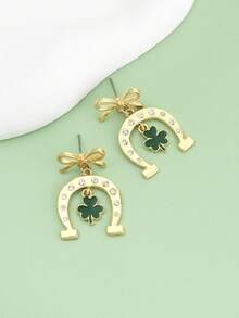 1 Pair Elegant Bow, Horseshoe, Clover Earrings, High-Quality Gift For Women On St. Patrick's Day, Graceful And Charming - Gold - View 2
