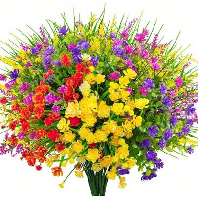 16 Bunches Outdoor Plastic Artificial Flowers & Plants, UV-Resistant Wheat Grass, Suitable For Spring/Summer Garden, Balcony, Window Sill, Office Desk, Kitchen, Home Decor