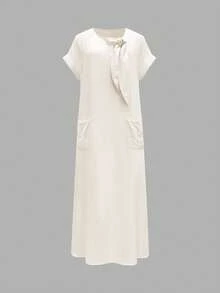 纯色休闲短袖抽绳圆领宽松口袋中长连衣裙，夏季优雅 - 米色 - 查看 3