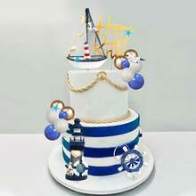 30件套蓝白航海主题蛋糕装饰摆件，包括锚和海鸥，适合生日派对、夏季派对、圣诞节和其他场合。 - 藍色 - 查看 1