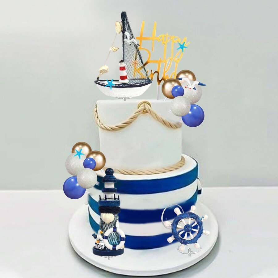 30件套蓝白航海主题蛋糕装饰摆件，包括锚和海鸥，适合生日派对、夏季派对、圣诞节和其他场合。 - 藍色 - 查看 1