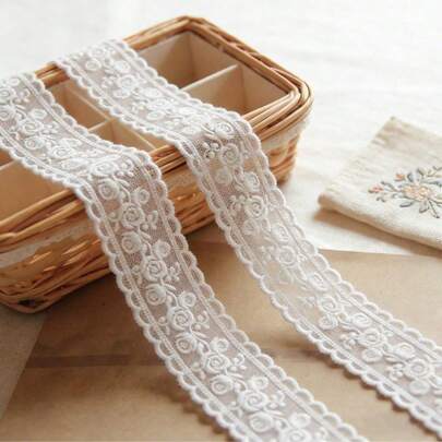 3码/3厘米优雅棉质白色蕾丝缎带，适用于婚礼及新娘装饰、刺绣、缝纫和家居装饰，白色花朵图案