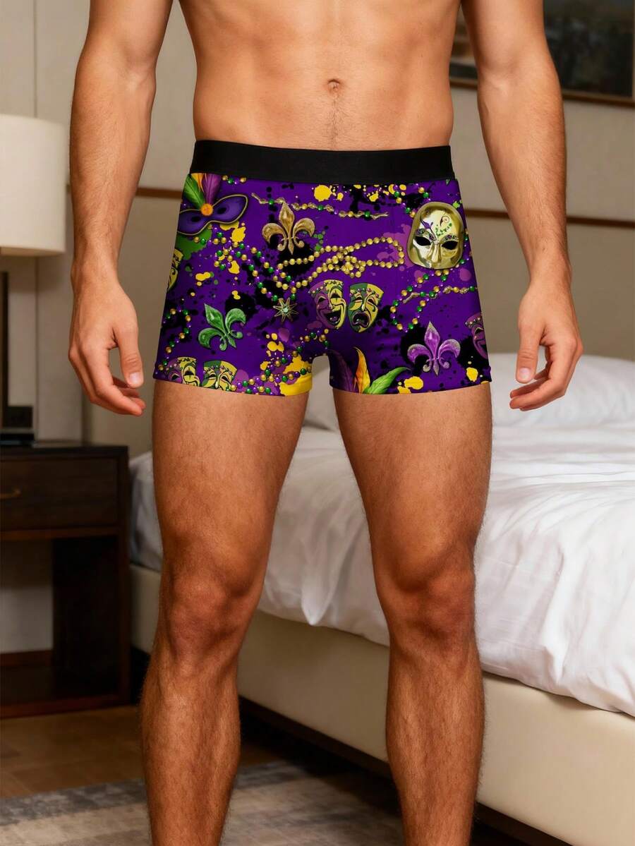 Men's Boxer Briefs Four Seasons Mardi Gras Masks Beads Fleur De Lis Solid Color Knit Men's Ice Silky Design Long Printed Quick-Dry - Black - View 1