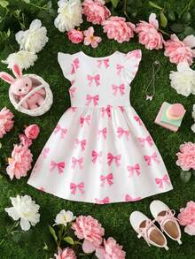 Girls Casual Outdoor Fashionable Cute Versatile Bow Allover Print Round Neck Cap Sleeve Fitted Dress, Spring/Summer - White - View 2