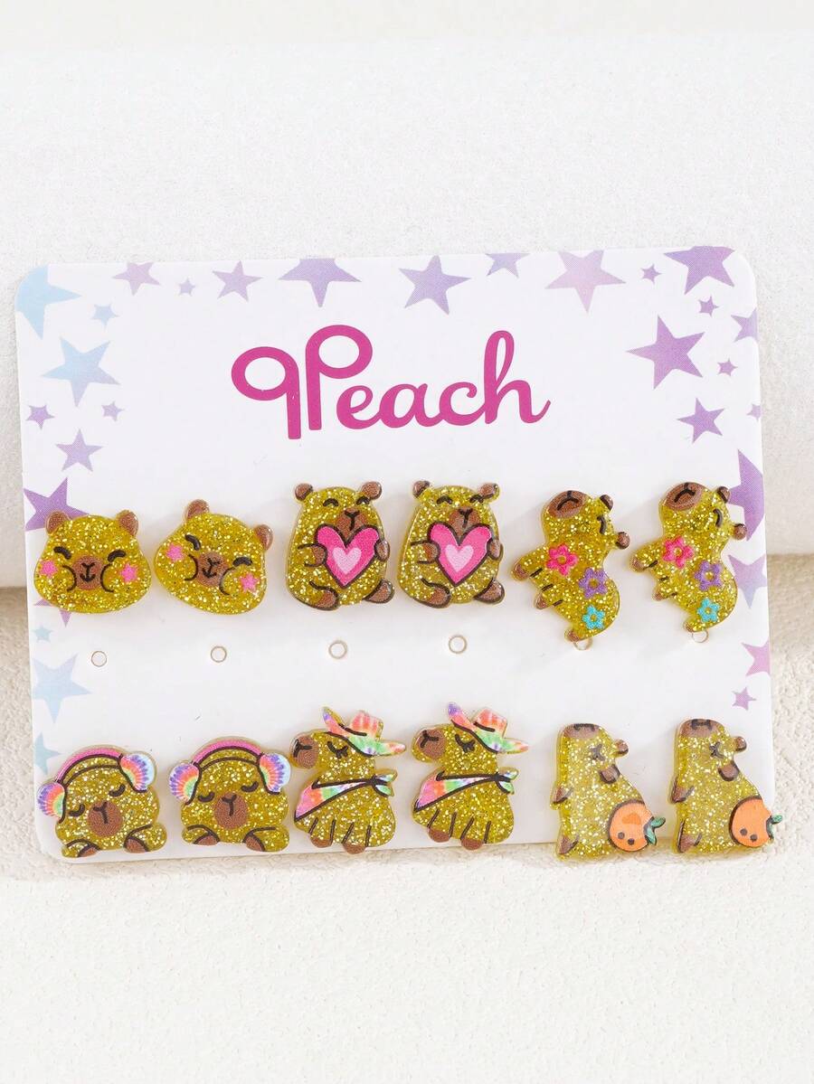 12 piezas de pendientes de dibujos animados lindos, joyería de colores de verano para niñas - Multicolor - Ver 1