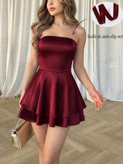 Vestido mini de satén sin tirantes y sin espalda con diseño de lazo, de unicolor y estilo minimalista elegante, adecuado para fiestas, eventos, Día de San Valentín, atuendo de verano Y2K, invitada de boda, cumpleaños y otras ocasiones, de Vuslat, en color rojo profundo