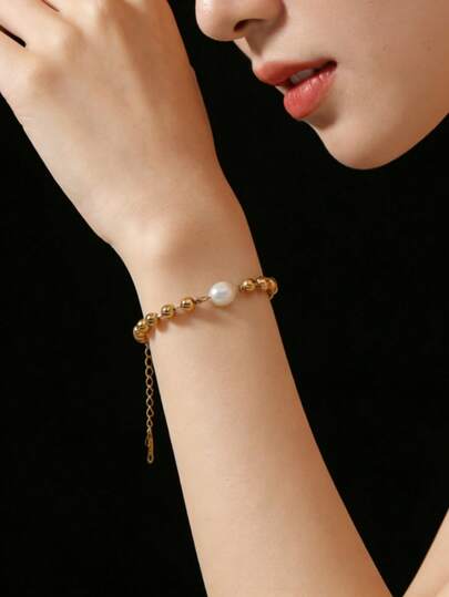 1pc Elegant Metal Beaded Chain Bracelet For Women, Decorated With White Pearls, Fashionable Design, Durable And Fade-Resistant, Suitable For Daily Wear, Perfect Gift For Girlfriend, Friend And Couples On Holidays