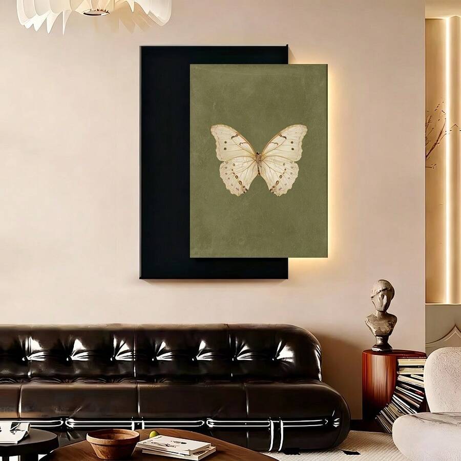 con marcoCuadro 2D plano de una sola pieza , con un mariposa blanca vintage, diseñado en un estilo gótico de cabaña para decoración rústica. Esta artística y caprichosa obra de arte de insectos es perfecta para mejorar el ambiente de un dormitorio, sala de estar. - Enmarcado - Ver 1