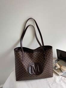 欧美风手提包，时尚单肩包，大容量，简约复古印花女士手提包 - 咖啡 - 查看 9