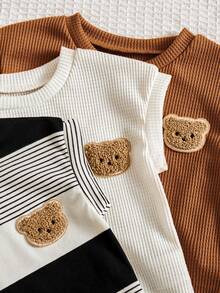 6件套新生男宝宝夏季套装，包括黑白条纹、纯色华夫格、可爱小熊印花背心和纯色抽绳短裤，休闲时尚套装 - 彩色 - 查看 5