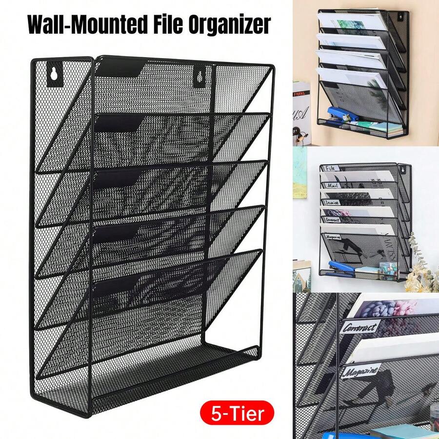 Aimall File Storage Rack, Wrought Iron Desktop Storage Rack, Office Supplies Wall Mounted Iron Mesh Rack, File Management Rack - Black - View 1