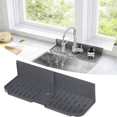 Sink Splash Guard Behind Faucet, Silicone Sink Faucet Drying Mat & Dish Soap Sponge Holder, Silicone Kitchen Sink Auto Drain Organizer (Black,Grey)