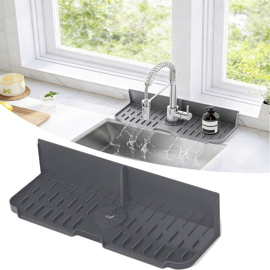 Sink Splash Guard Behind Faucet, Silicone Sink Faucet Drying Mat & Dish Soap Sponge Holder, Silicone Kitchen Sink Auto Drain Organizer (Black,Grey) - Multicolor - View 1