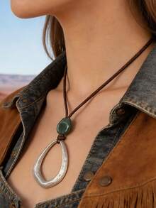 1pc Fashionable Versatile Gold & Silver Teardrop Shaped Alloy Necklace, Unisex Pendant Long Necklace With Brown Wax Rope & Beads, Music Festival Gift, Holiday Accessory - Brown Waxed Rope - View 12