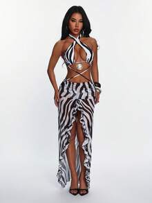 女士优雅性感时尚度假沙滩斑马纹泳衣套装 - 黑與白 - 查看 3