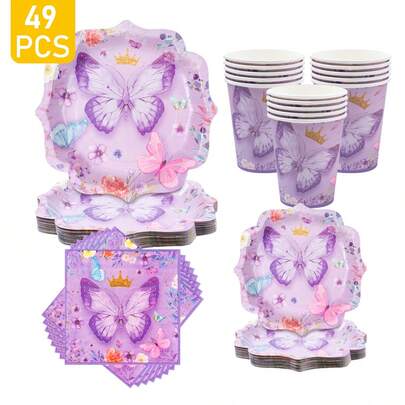 Platos, servilletas y vasos desechables con forma de pétalos y diseño de mariposa morada - Juego para 8 invitados, Platos de papel desechables, Suministros para fiestas adecuados para cumpleaños, bodas, fiestas temáticas, picnics familiares
