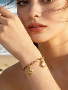 1 chiếc vòng tay dây chuyền bằng thép không gỉ kiểu Bohemian, mặt dây chuyền hình giọt nước và hoa bốn cánh, vòng tay quyến rũ, phù hợp cho nữ giới đeo hàng ngày, trang sức không phai màu. - Vàng - Xem 5