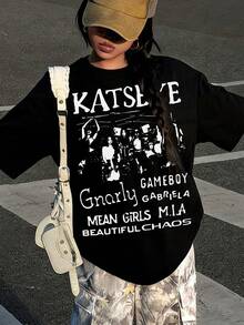 Camiseta de manga corta y cuello redondo para niñas, de primavera y otoño - Diseño de estampado circular KATSEYE, camiseta de punto, blusa para niñas, tela suave de poliéster de 180g, adecuada para regalar a los niños para volver al colegio, fiestas, actividades al aire viajes - Negro - Ver 2