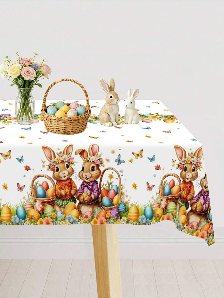 1pc Easter Disposable Tablecloth With Vivid Rabbit, Eggs And Wreath Pattern, Plastic Tablecloth For Easter Home Kitchen Dining Table Decor, Spring Theme Party Supplies, Family Gathering, Farmhouse Style, Size 220*130cm