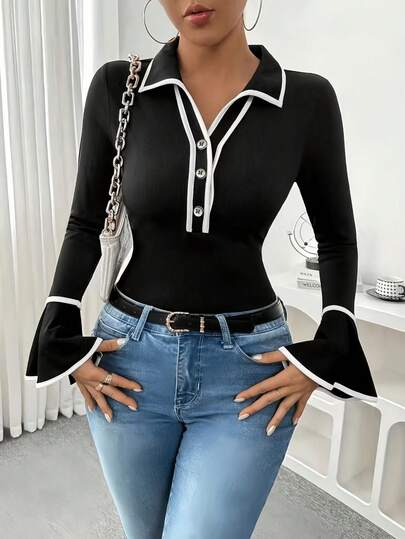 French Style Contrast Collar Flare Sleeve Knit Top,Henry Button Slim Fit Office Casual Blouse Black