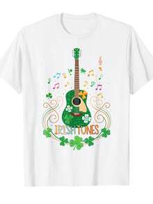 Tween Girl Clothes Men'S Irish Music T-Shirt With Shamrock Guitar & Celtic Knot Design - Short Sleeve Casual Tee For St. Patrick'S Day, Irish Fans, Breathable Round Neck Shirt With Musical Notes & Pot Of Golden Lettering Valentine's Day Elements Design, Lightweight & Comfortable For Spring/Summer, Fashionable Casual Wear, Street Style, Outdoor Picnic, School, Gifts - White - View 1