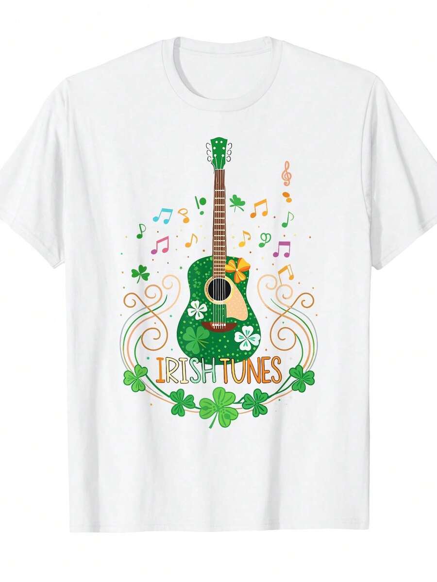 Tween Girl Clothes Men'S Irish Music T-Shirt With Shamrock Guitar & Celtic Knot Design - Short Sleeve Casual Tee For St. Patrick'S Day, Irish Fans, Breathable Round Neck Shirt With Musical Notes & Pot Of Golden Lettering Valentine's Day Elements Design, Lightweight & Comfortable For Spring/Summer, Fashionable Casual Wear, Street Style, Outdoor Picnic, School, Gifts - White - View 1