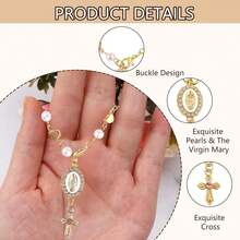 方向盘念珠吊坠，带圣母玛利亚吊坠和十字架的方向盘饰品，珍珠心形链天主教汽车内饰挂饰 - 愛心 - 查看 9