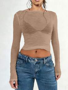 2000s Style Women's Summer Sheer Long Sleeve Round Neck Fitted Sexy See-Through Cropped Top - Khaki - View 2
