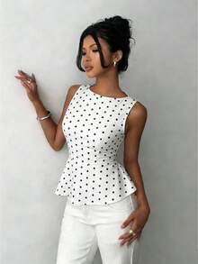 1 pieza Camiseta de mujer de cuello redondo con estampado de lunares tejidos, adecuada para vacaciones y casual de verano blanco - Blanco - Ver 4