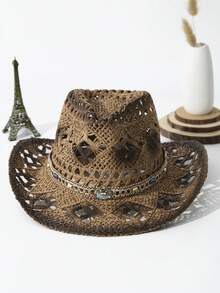 1Pc Unisex Colored Stones Decor Dyeing Printed Cowgirl Hat Summer Travel Shade Breathable With Beaded Trim Band Hand Woven Hollow Out Wide Brim Handmade Boho Cowboy Hat Beach Hat Sun Hat Straw Hat - 卡其色 - 查看 6