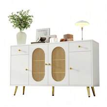 Commode-buffet 140 cm (35x82 cm) blanc et teintes naturelles : 2 tiroirs, 4 portes et tablettes réglables pour salon ou cuisine - défaut - Voir 10