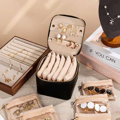 Portable Jewelry Box With Handle & 6pcs Velvet Jewelry Pouches, Suitable For Storing Necklaces, Rings, Earrings, Ideal Mother's Day Gift For Mom, Comes With 12pcs Velvet Jewelry Pouches