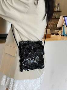Rhinestone Strap Shoulder Bag, Zipper Closure Evening Clutch Purse, High-Quality Underarm Bag - Black - View 6