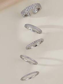 5pcs Elegant Cubic Zirconia Stone Ring Set, Stackable Rings Suitable For Women's Daily Wear, Wedding, Party, Best Gift For Holidays - Silver - View 2