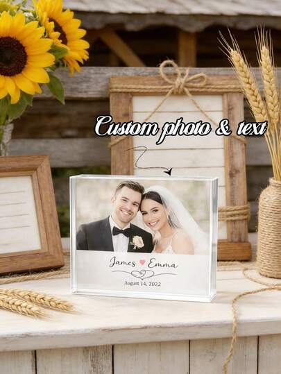 1Pc Personalized Acrylic Love Block, Custom Photo Printed With Names & Date, Heart Script Wedding Gift, Minimal Floral Couple Decor, Anniversary Valentines Gift, Romantic Keepsake For Bedroom Living Room Desk